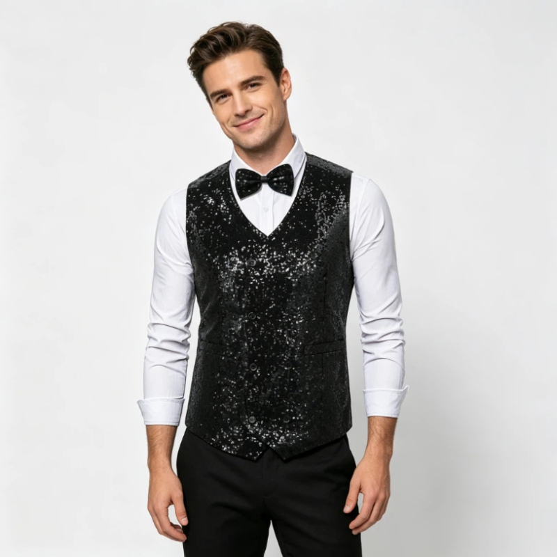 Ethnic Fashion Runway - Colete Masculino Transpassado com Pérolas Brilhantes,