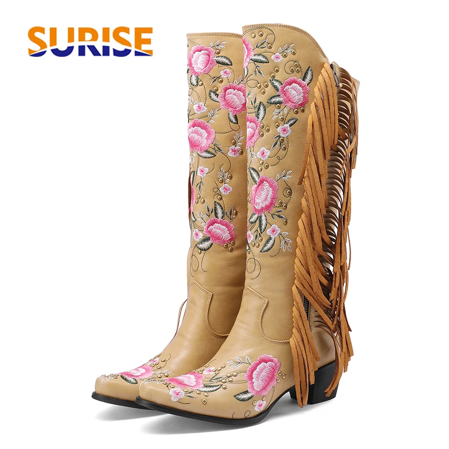 The Ethnic Fashion - Moda bordado flor ocidental joelho botas